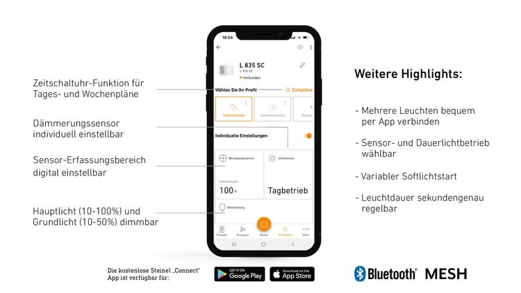 Smartphone mit Steinel Connect App zur Steuerung von Außenleuchten, Anzeige von Zeitschaltuhr, Sensor- und Dimmeinstellungen via Bluetooth Mesh.