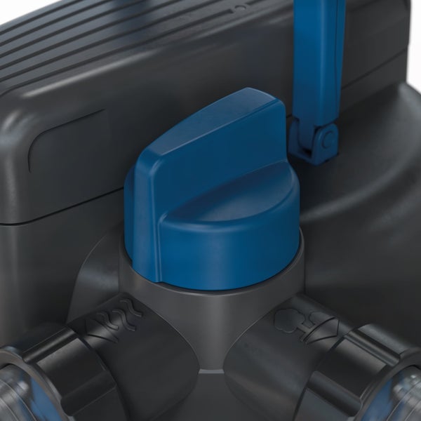 Nahaufnahme eines Drehschalters an einem Teichdruckfilter mit Funktionssymbolen für Reinigung und Filtration.