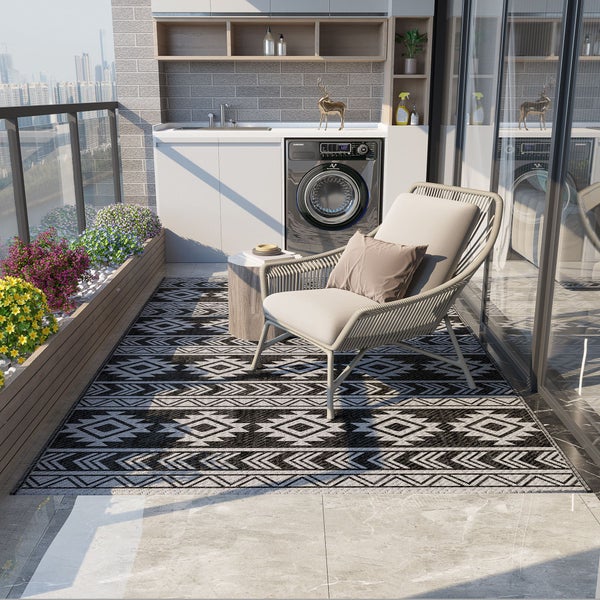 Outsunny Outdoor-Teppich, wasserdicht, mit doppelseitigem Design, für Terrasse, Balkon, Camping, 182 x 274 cm, Kunststoff, Schwarz+Grau
