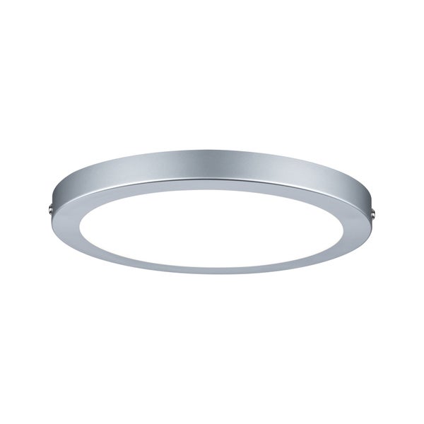 Flache runde LED Deckenleuchte mit silbernem Rahmen und weißem Diffusor.