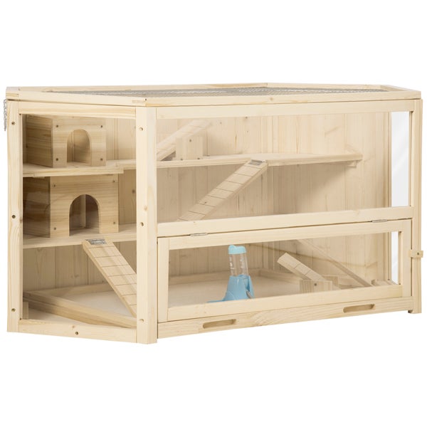 PawHut 3 Etagen Nagerkäfig, 6-eckig Kleintierkäfig, Kleintierhaus aus Holz, Mäusekäfig, Hamsterkäfig mit klappbarem Deckel, Sichtfenster, Rampe, 115 x 60 x 55 cm Naturholz