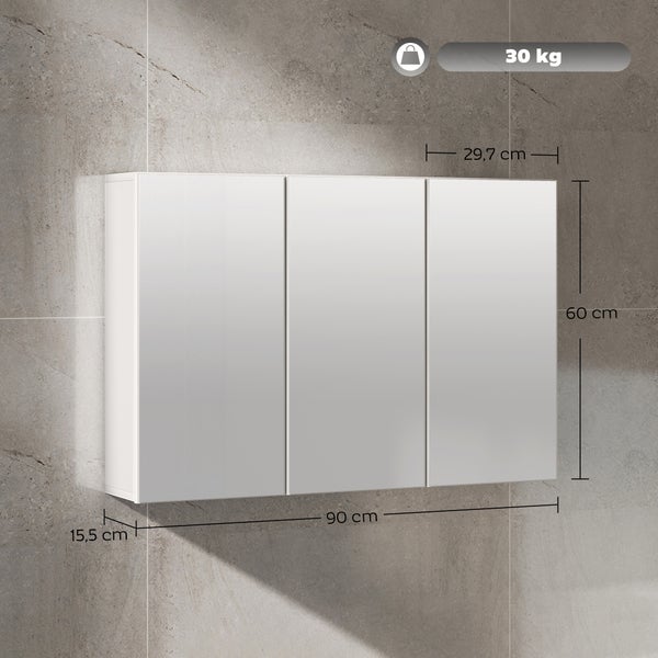 Dreitüriger Badezimmer-Spiegelschrank in Weiß, Maße 90 mal 60 mal 15,5 Zentimeter, Einzeltürbreite 29,7 Zentimeter, Tragkraft 30 Kilogramm.