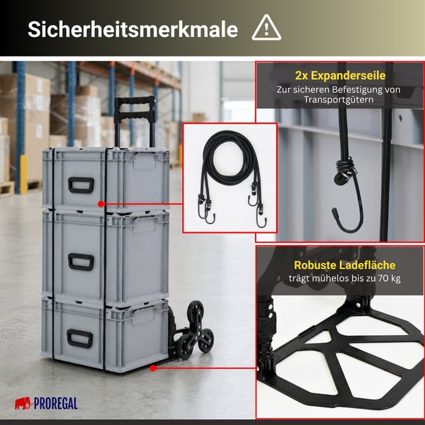 Proregal Logo. Sackkarre für Treppen mit Stapelboxen, Expanderseilen zur Ladungssicherung und stabiler Ladefläche mit 70 Kilogramm Tragkraft.