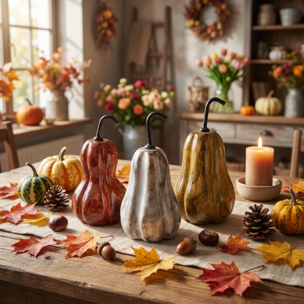 Herbstliche Tischdekoration mit drei künstlichen Kürbissen mit Metallstielen, Tannenzapfen, Kastanien und Ahornblättern auf einem Holztisch.