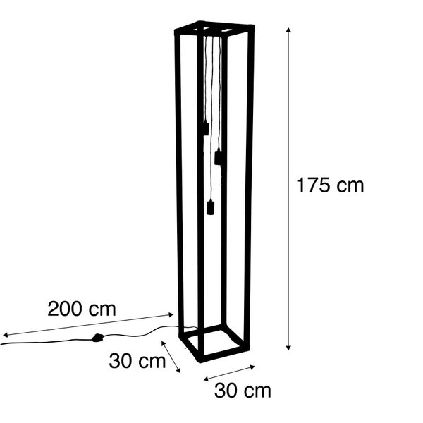Abmessungen einer Stehlampe mit Kabel, Höhe 175 Zentimeter, Tiefe und Breite 30 Zentimeter, Kabellänge 200 Zentimeter