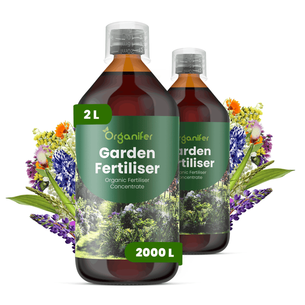 Organifer Garten-Dünger, organisches Düngerkonzentrat, zwei 2 Liter Flaschen für 2000 Liter, mit Gartenblumen.