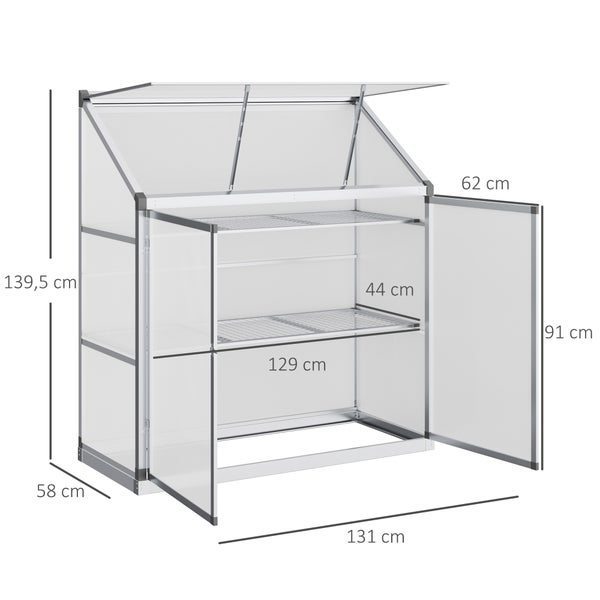 Outsunny Alu-Gewächshaus, mit 3 Ebenen, 131 x 58 x 139,5 cm, Polycarbonat, Aluminium, Silber
