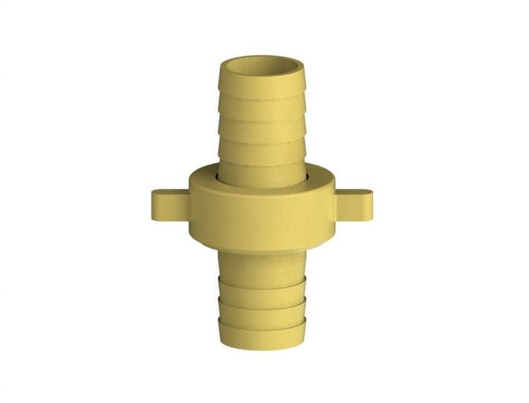 Gelber Schlauchverbinder aus Kunststoff mit gerippten Enden für die Schlauchmontage.