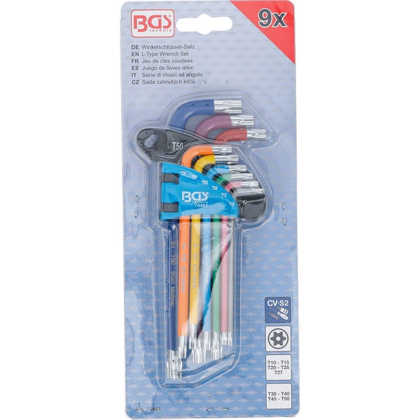 Neunteiliger Winkelschlüssel-Satz von BGS technic aus Chrom-Vanadium-Stahl mit Torx-Profil und farbiger Kennzeichnung in Kunststoffverpackung.