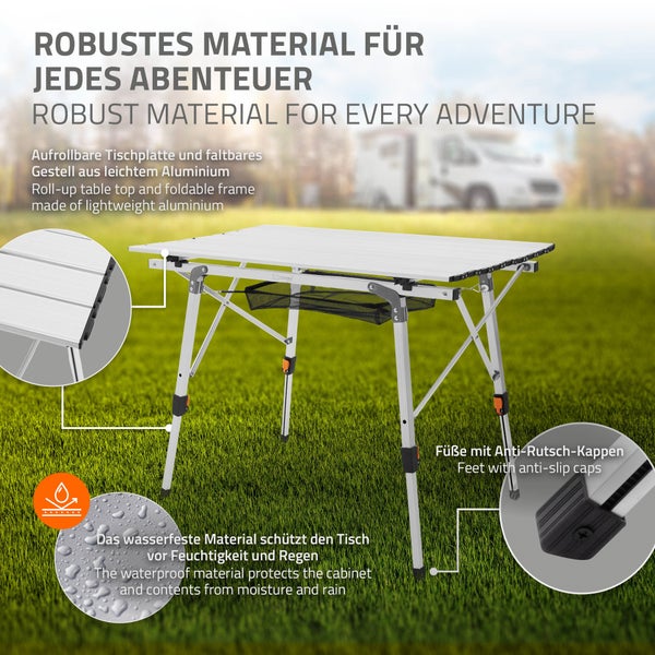 ML-Design Campingtisch faltbar Silber, 90x51,5 cm, Aluminium Klapptisch höhenverstellbar 46-66,5 cm, Belastbarkeit 30kg, Aufrollbare Tischplatte, Falttisch klappbar, Gartentisch Balkontisch Reisetisch