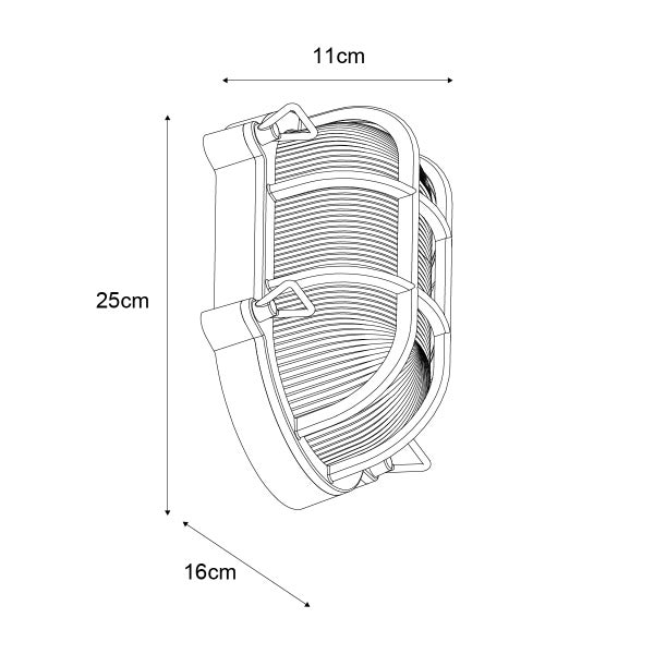 Maßzeichnung einer ovalen Kellerleuchte mit Schutzkorb und Maßen: Höhe 25 Zentimeter, Breite 11 Zentimeter, Tiefe 16 Zentimeter.
