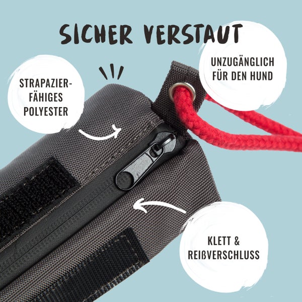 Detailansicht einer Hundetasche mit robustem Polyester, Klettverschluss und Reißverschluss zur sicheren Aufbewahrung, unzugänglich für den Hund.