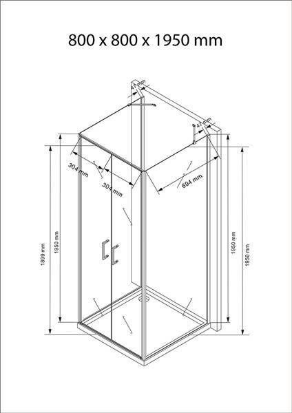 Technische Zeichnung einer Duschkabine mit den Maßen 800 x 800 x 1950 mm.