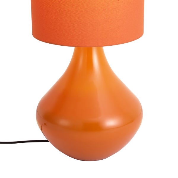 Tischleuchte mit glänzendem, tropfenförmigem Keramikfuß und zylindrischem Stoffschirm, Orange