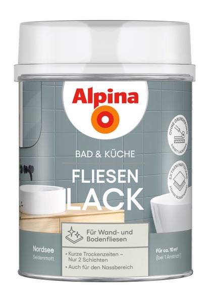 Alpina Logo, Alpina Bad und Küche Fliesenlack Nordsee seidenmatt für Wand und Boden ohne Grundierung circa 10 Quadratmeter.