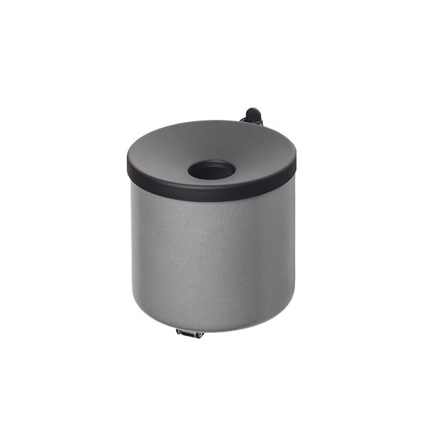 Zylindrischer Aschenbecher in Grau mit schwarzem Deckel und zentraler Öffnung.