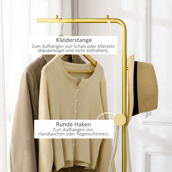 HOMCOM Garderobenständer, Kleiderständer mit Haken Marmor Basis Garderobe für Kleidung, Hüte, für Wohnzimmer, Eingang, 35 x 25 x 170 cm, Gold+Schwarz