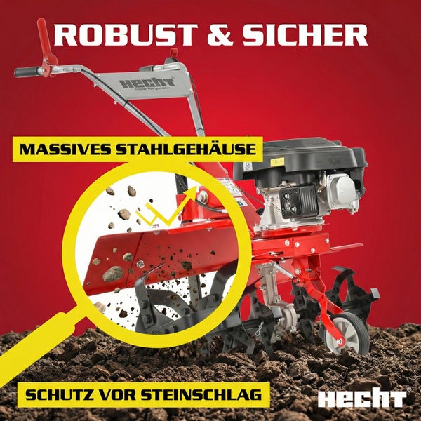 Motorhacke mit massivem Stahlgehäuse und Steinschlagschutz