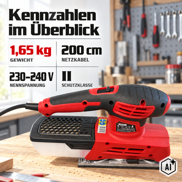 Elektroschleifer mit Infografik zu Gewicht, Kabellänge, Spannung und Schutzklasse auf einer Werkbank.