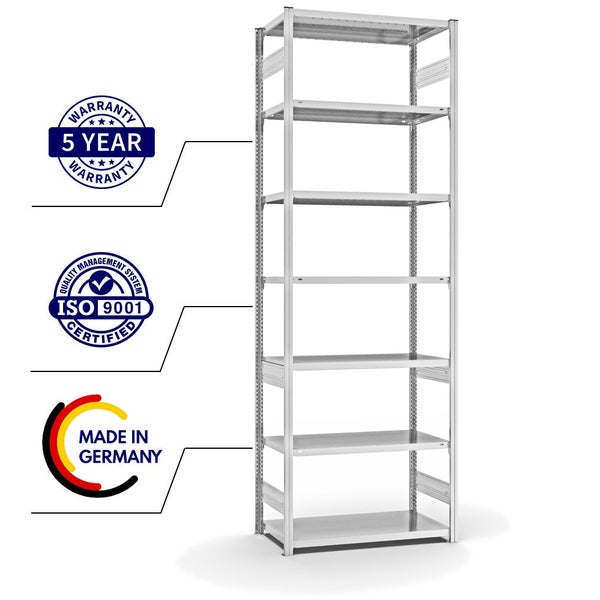 PROREGAL Fachbodenregal Stecksystem T-Profil Medium-Duty Grundregal HxBxT 300 x 100 x 50 cm 7 Ebenen Fachlast 230 kg Beidseitig Nutzbar Lichtgrau