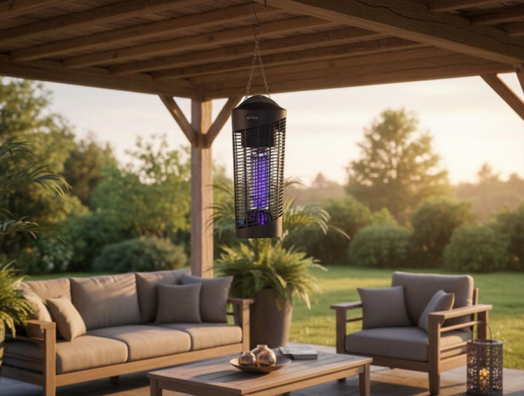 Hängender elektrischer Insektenvernichter mit Ultraviolett-Licht unter Holzpergola auf einer Terrasse mit Loungemöbeln und Garten im Hintergrund.