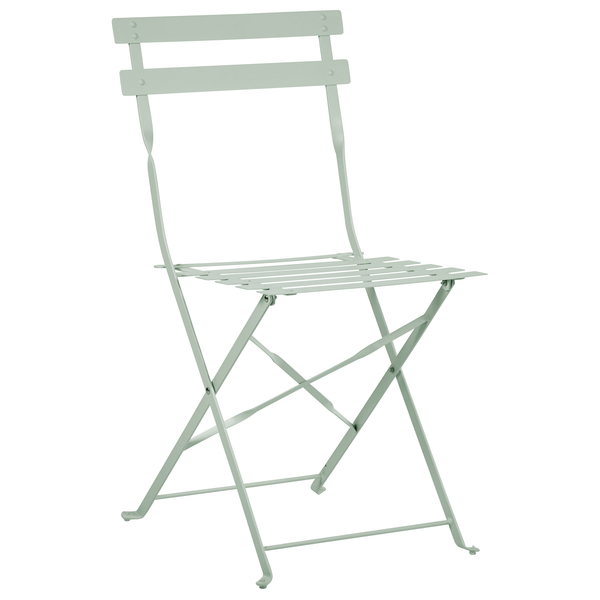 Klappstuhl aus Metall in Mintgrün im Bistro-Stil mit Latten für Garten oder Balkon.