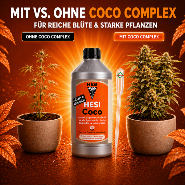 Vergleichsbild Hesi Coco Pflanzendünger für Kokossubstrat mit und ohne Coco Complex inklusive Pipette und Pflanzentöpfen.