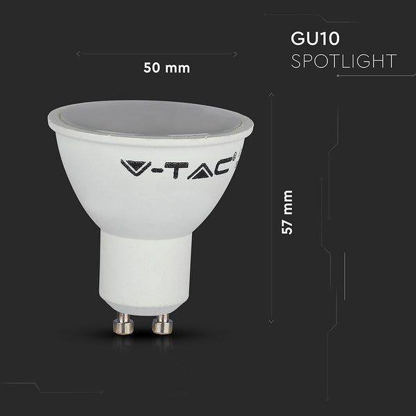 V-TAC GU10 LED Spotlight mit 50 Millimeter Durchmesser und 57 Millimeter Höhe.