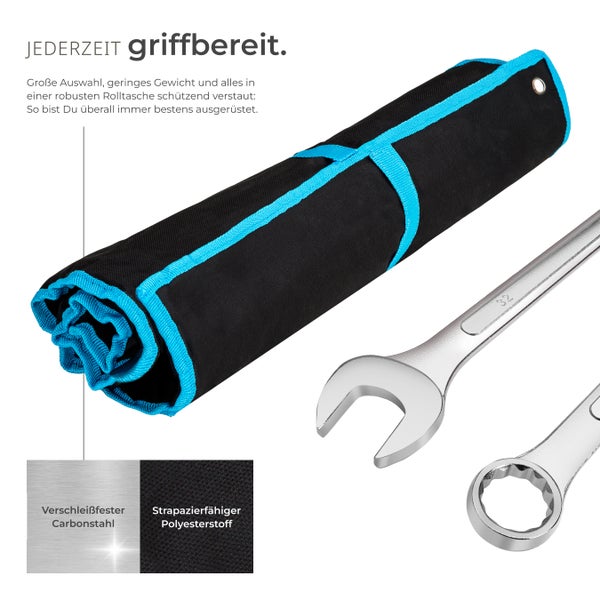 Aufgerollte Werkzeugtasche aus strapazierfähigem Polyesterstoff mit Maulschlüsseln aus verschleißfestem Carbonstahl