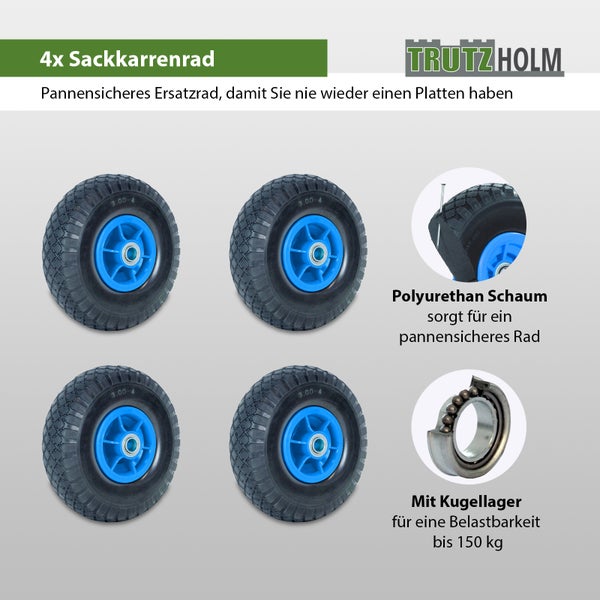 Vier Sackkarrenräder mit Polyurethanschaum und Kugellager für eine Belastbarkeit bis 150 Kilogramm.