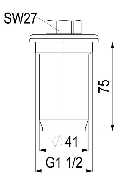 Technische Zeichnung eines Ventilkopfes mit Schlüsselweite 27, Durchmesser 41 Millimeter und Anschluss G 1 1/2 Zoll, Länge 75 Millimeter.