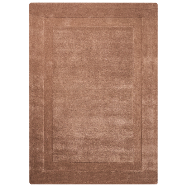 Rechteckiger brauner Teppich mit Bordüren-Design und weicher Oberfläche.