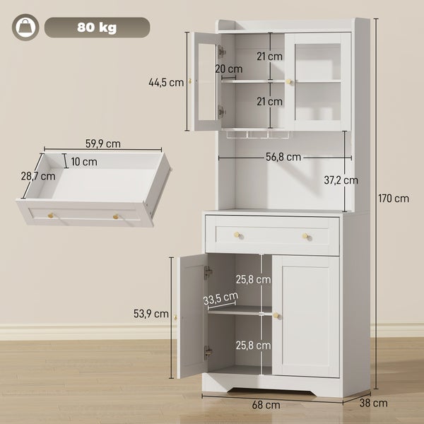 Weißer Küchenschrank mit Maßen: Höhe 170 Zentimeter, Breite 68 Zentimeter, Tiefe 38 Zentimeter. Tragkraft 80 Kilogramm.
