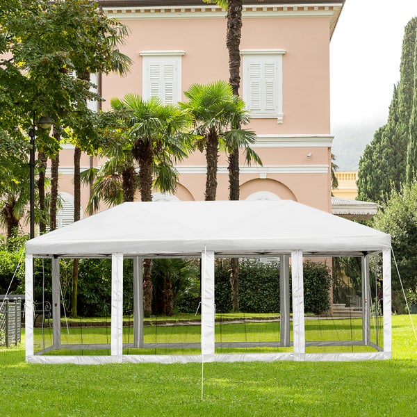 Outsunny Faltpavillon Gartenpavillon Pop-Up-Pavillion Stahl+Oxford+Mesh mit Tasche im Freien Cremeweiß 5,9 x 2,95 x 2,5 m