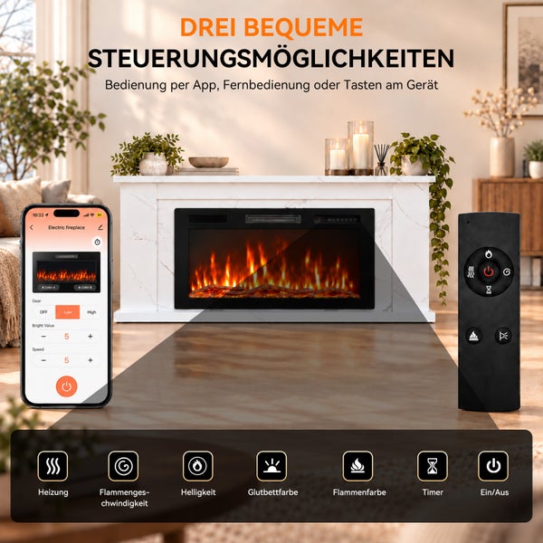 Elektrischer Kamin mit weißem Marmorrahmen, steuerbar per App, Fernbedienung und Tasten am Gerät mit vielfältigen Einstellungsoptionen.