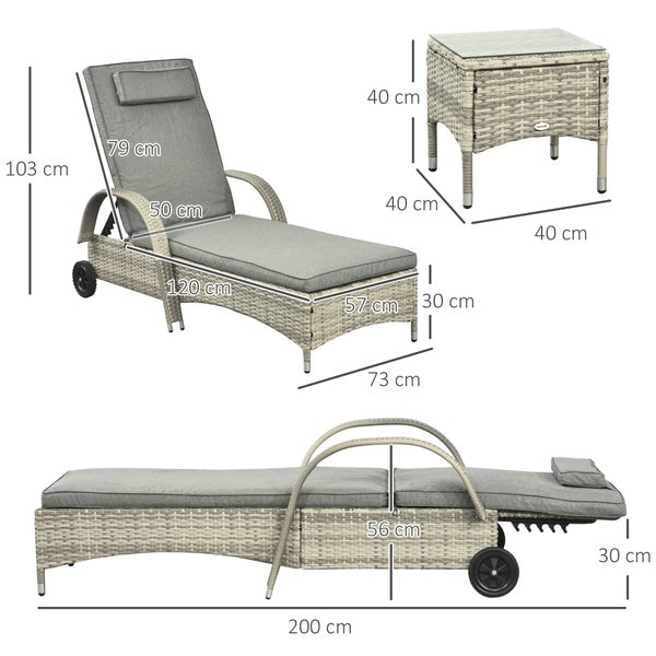 Outsunny Sonnenliege Gartenliege Tisch 3er-Set Gartenmöbel, Polyrattan+Metall Grau