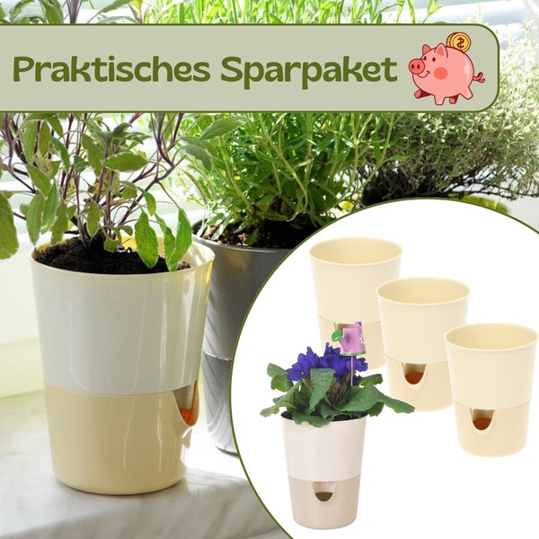 Praktisches Sparpaket mit mehreren beigen selbstbewässernden Blumentöpfen für Kräuter und Zimmerpflanzen.