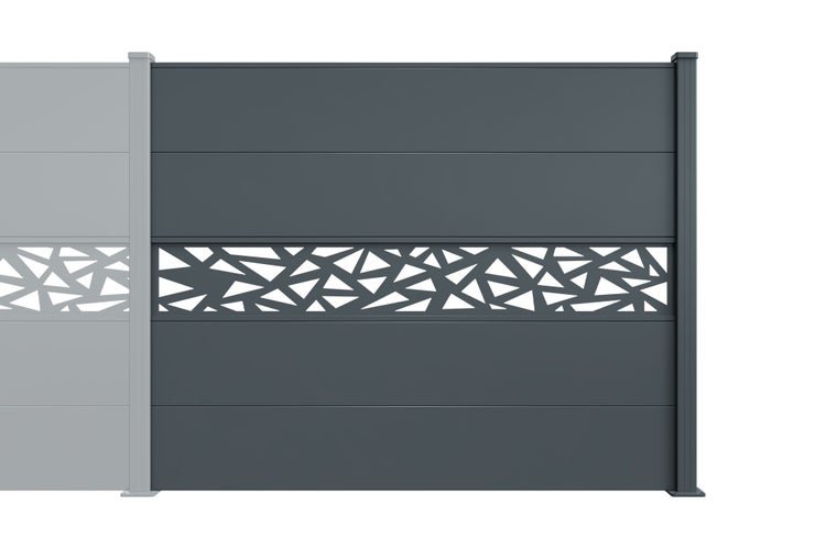 Sichtschutzelement aus Verbundwerkstoff mit dekorativem Designelement und Pfosten fuer den Garten