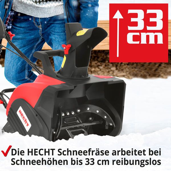 Hecht Schneefräse mit einer maximalen Schneehöhe von 33 cm.
