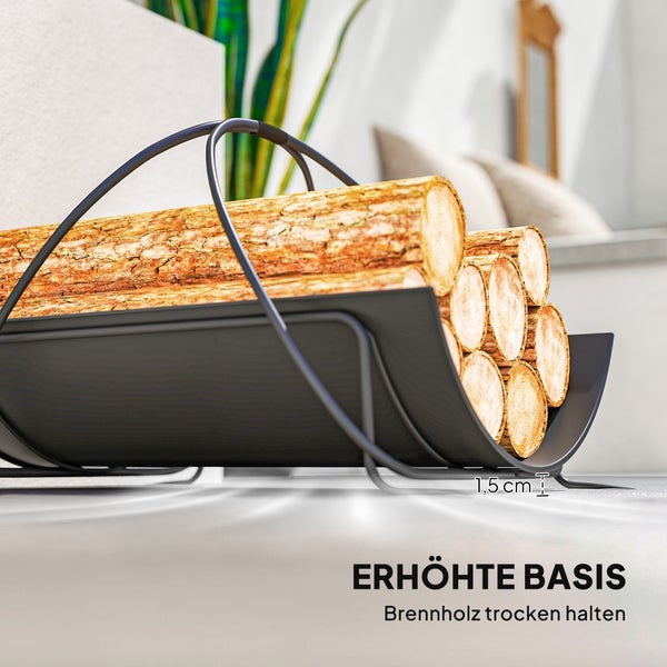 Brennholzregal aus Metall mit Holzscheiten