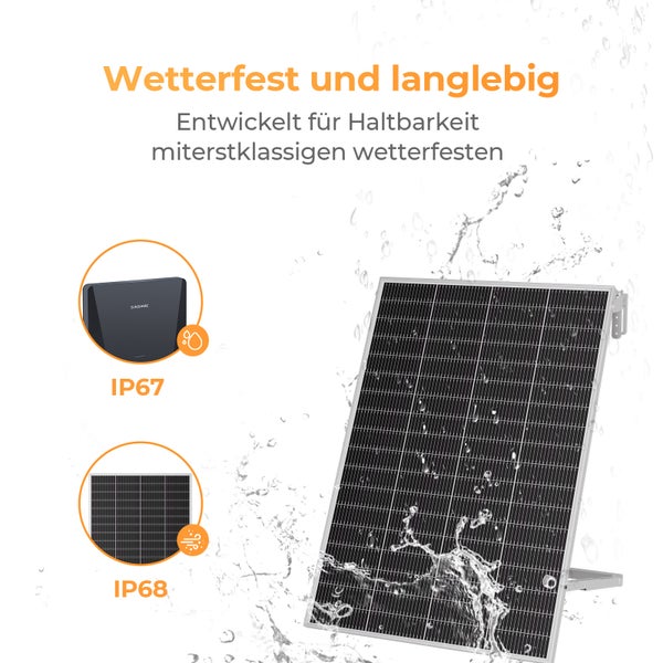 Wetterfestes Solarmodul mit Wasserspritzern, Sunshare Logo, IP68 zertifiziertes Panel und IP67 zertifizierte Komponente.