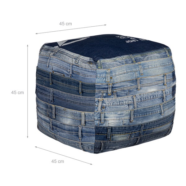 WOMO-DESIGN Sitzwürfel Pittsburgh 45cm, Blau, Unikat, handgefertigt aus Jeans, Baumwolle Füllung, Quadratischer Sitzpouf Sitzpuff Pouf Puff Sitzhocker Sitzkissen Bodenkissen Fußhocker Hocker Ottoman