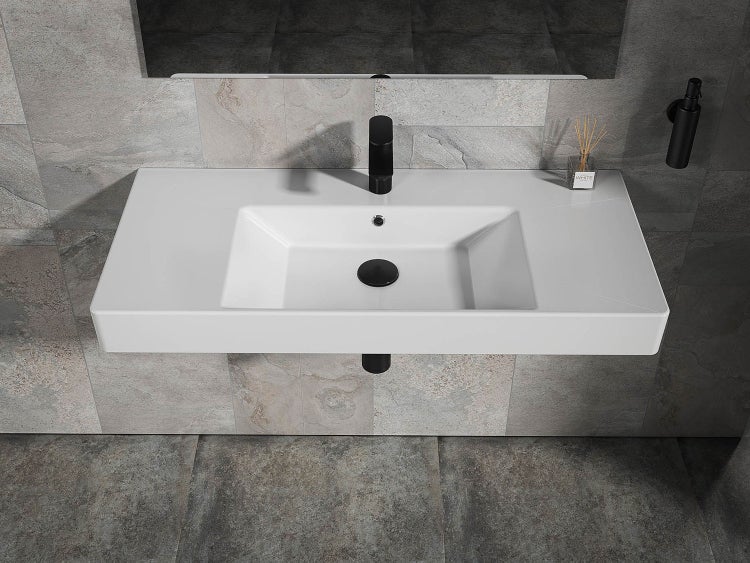Aqua Bagno Quadra Soft Waschbecken KP.100.C – 101 x 45,5 cm – Weiß Hochglanz – Keramikbecken mit Hahnloch & Überlauf