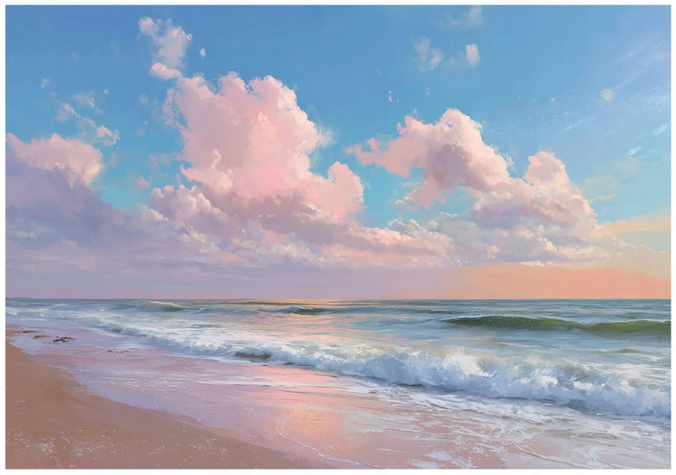 Gemälde einer Küstenlandschaft mit Meer, Sandstrand und bewölktem Himmel