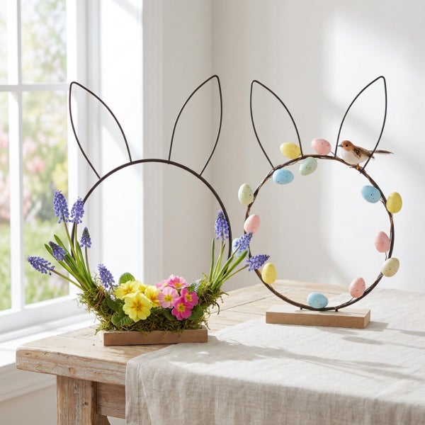 Zwei österliche Dekorationen in Hasenohrenform aus Metall auf Holzsockel, eine mit Frühlingsblumen, die andere mit Ostereiern und Vogel-Figur.