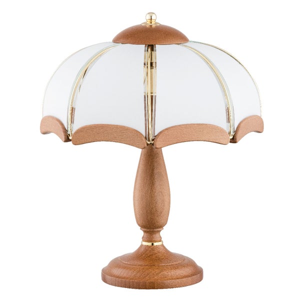 Tischleuchte aus Holz mit glockenförmigem Schirm und Metallelementen in klassischem Design
