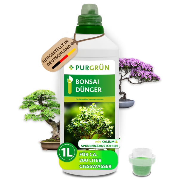 Purgrün Bonsai Dünger in der 1 Liter Flasche, mit Kalium und Spurennährstoffen, hergestellt in Deutschland, für circa 200 Liter Gießwasser.