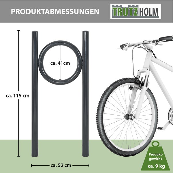 Produktabbildung eines Fahrradständers mit Maßangaben und einem Fahrrad zur Veranschaulichung