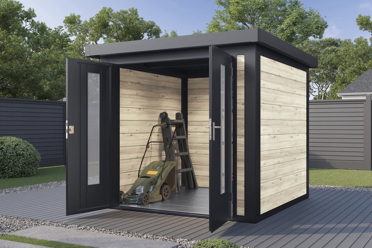 Modernes Gartenhaus mit Flachdach und Doppeltüren mit Glaseinsatz, innen mit Rasenmäher und Leiter ausgestattet, für den Garten.