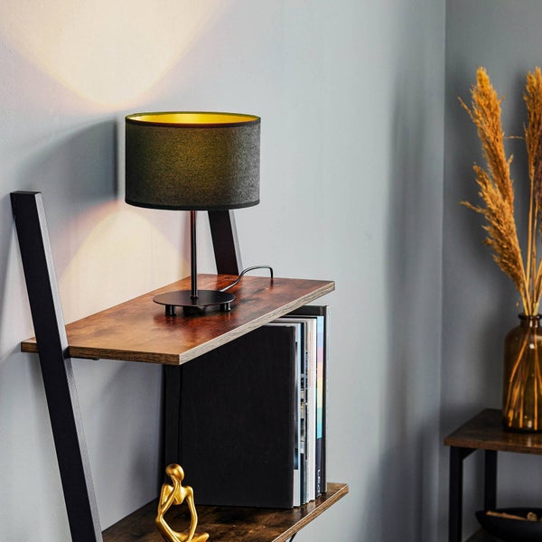 Euluna Tischlampe Golden Roller (Modern) in Schwarz aus Textil (1 flammig, E14) - Tischleuchte Schreibtischlampe Nachttischlampe Wohnzimmerleuchte